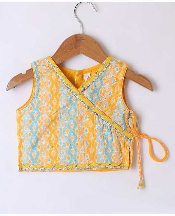 Babyhug 100% Cotton Knit Sleeveless Sequenced Embroidered Choli with Bandhani Printed Lehenga  and Dupatta Set - Yellow