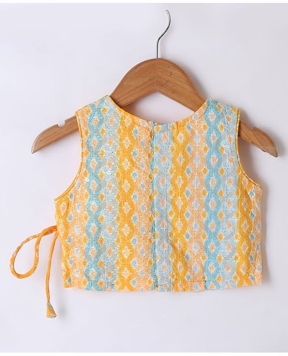 Babyhug 100% Cotton Knit Sleeveless Sequenced Embroidered Choli with Bandhani Printed Lehenga  and Dupatta Set - Yellow