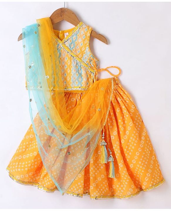 Babyhug 100% Cotton Knit Sleeveless Sequenced Embroidered Choli with Bandhani Printed Lehenga  and Dupatta Set - Yellow