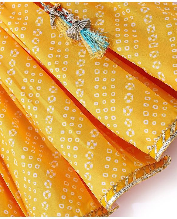 Babyhug 100% Cotton Knit Sleeveless Sequenced Embroidered Choli with Bandhani Printed Lehenga  and Dupatta Set - Yellow