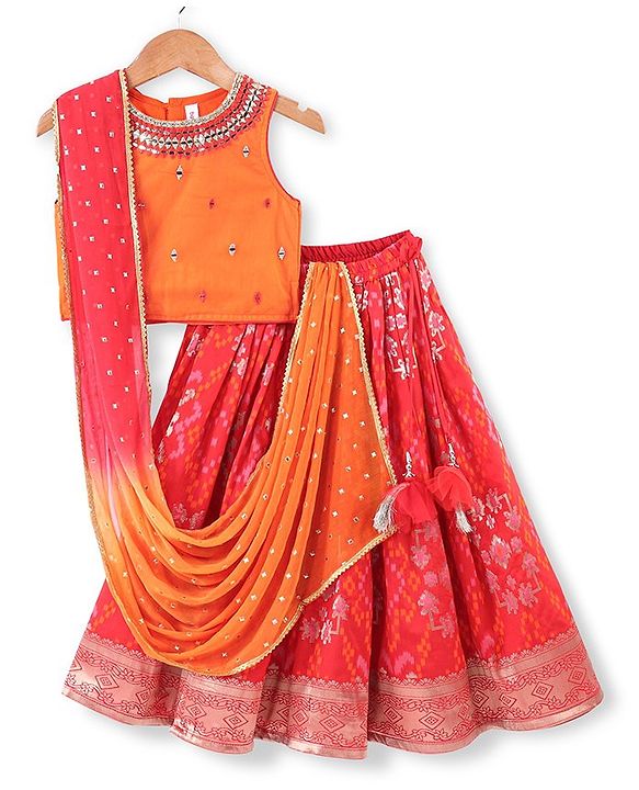 Babyhug Sleeveless Embroidered Choli with Pattola Lehenga and Dupatta Set - Red