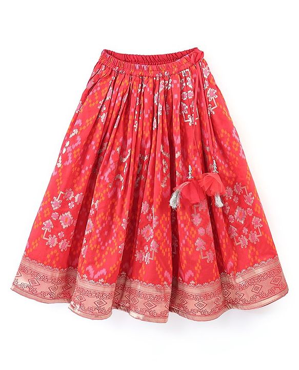 Babyhug Sleeveless Embroidered Choli with Pattola Lehenga and Dupatta Set - Red