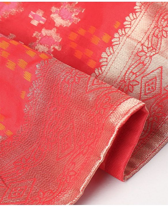 Babyhug Sleeveless Embroidered Choli with Pattola Lehenga and Dupatta Set - Red
