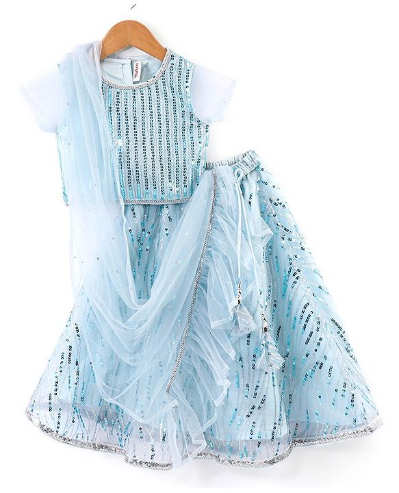 Babyhug Half Sleeves Sequenced Choli with Sequenced Lehenga and Dupatta Set - Sky Blue