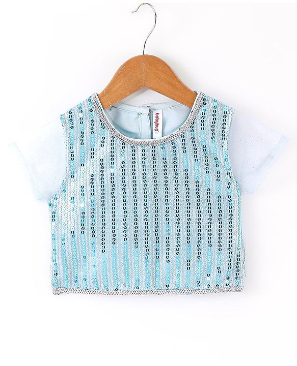 Babyhug Half Sleeves Sequenced Choli with Sequenced Lehenga and Dupatta Set - Sky Blue