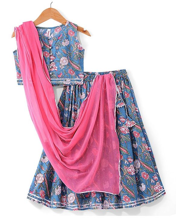 Babyhug 100% Cotton Woven Sleeveless Floral Printed Choli with Lehenga and Dupatta - Teal Blue