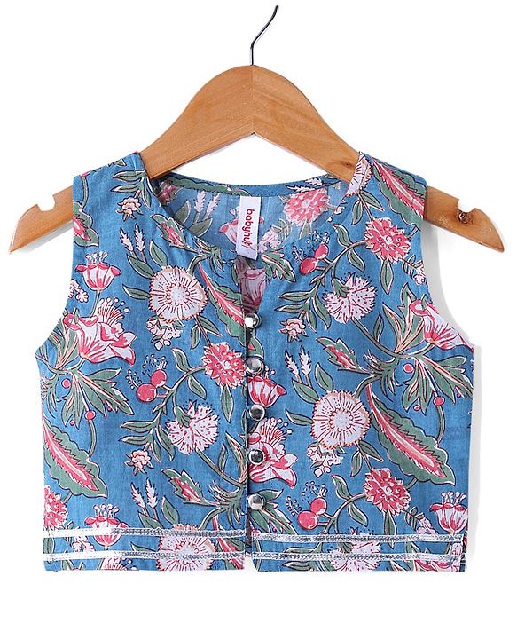 Babyhug 100% Cotton Woven Sleeveless Floral Printed Choli with Lehenga and Dupatta - Teal Blue