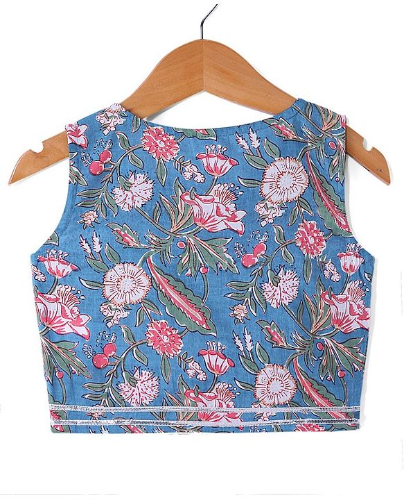 Babyhug 100% Cotton Woven Sleeveless Floral Printed Choli with Lehenga and Dupatta - Teal Blue