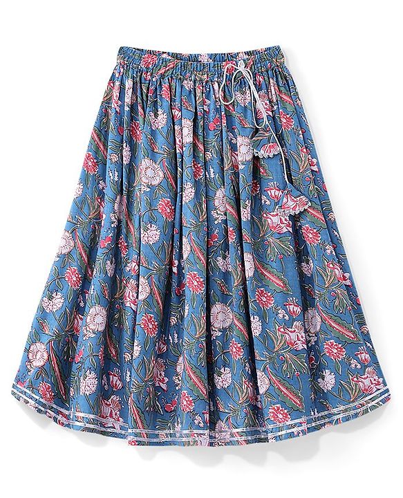 Babyhug 100% Cotton Woven Sleeveless Floral Printed Choli with Lehenga and Dupatta - Teal Blue