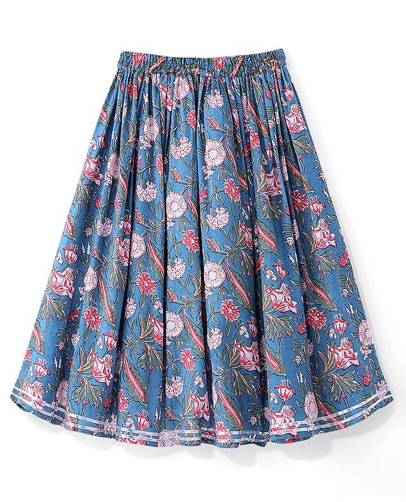 Babyhug 100% Cotton Woven Sleeveless Floral Printed Choli with Lehenga and Dupatta - Teal Blue