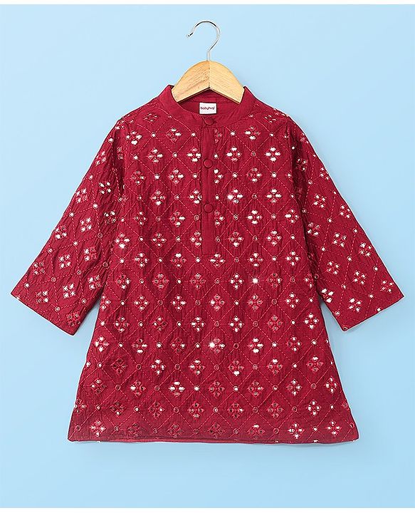 Babyhug Full Sleeves Embroidered   Kurta With Solid Colour Dhoti - Maroon