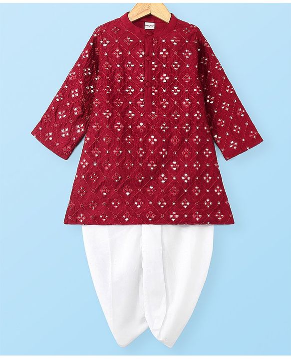Babyhug Full Sleeves Embroidered   Kurta With Solid Colour Dhoti - Maroon