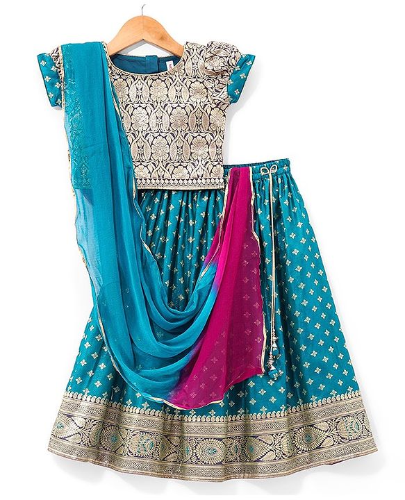 Babyhug Puff Sleeve Pattu Pavda Brocade Choli With Lehenga And Dupatta Set - Teal