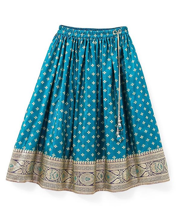 Babyhug Puff Sleeve Pattu Pavda Brocade Choli With Lehenga And Dupatta Set - Teal