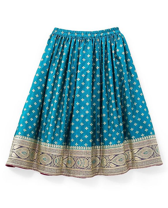 Babyhug Puff Sleeve Pattu Pavda Brocade Choli With Lehenga And Dupatta Set - Teal