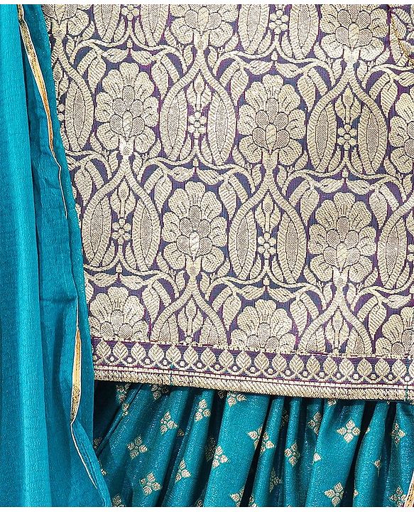Babyhug Puff Sleeve Pattu Pavda Brocade Choli With Lehenga And Dupatta Set - Teal