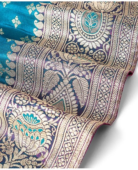 Babyhug Puff Sleeve Pattu Pavda Brocade Choli With Lehenga And Dupatta Set - Teal