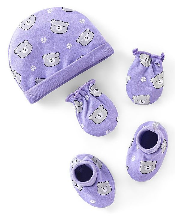 Babyhug 100% Cotton Interlock Knit Cap Mittens And Booties Bear Print - Purple