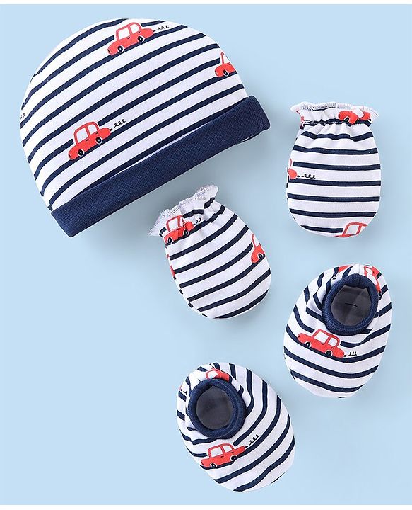 Babyhug 100% Cotton Interlock Knit Cap Mittens And Booties Stripes & Car Print - Navy Blue