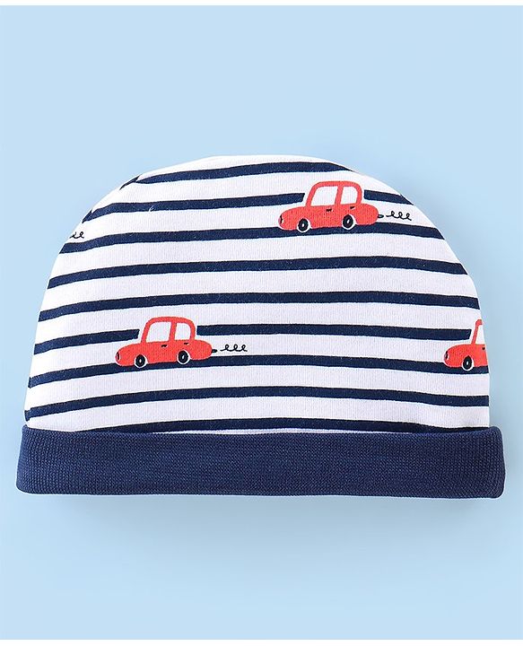 Babyhug 100% Cotton Interlock Knit Cap Mittens And Booties Stripes & Car Print - Navy Blue