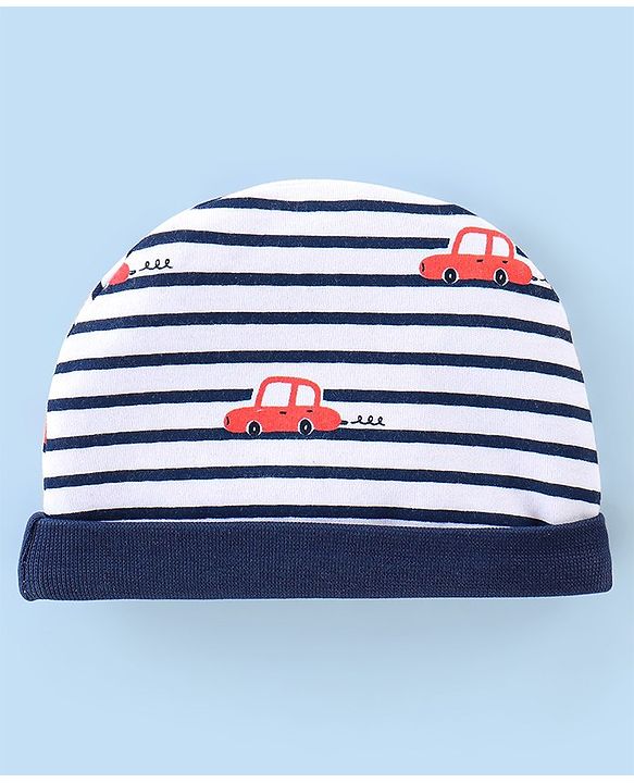 Babyhug 100% Cotton Interlock Knit Cap Mittens And Booties Stripes & Car Print - Navy Blue