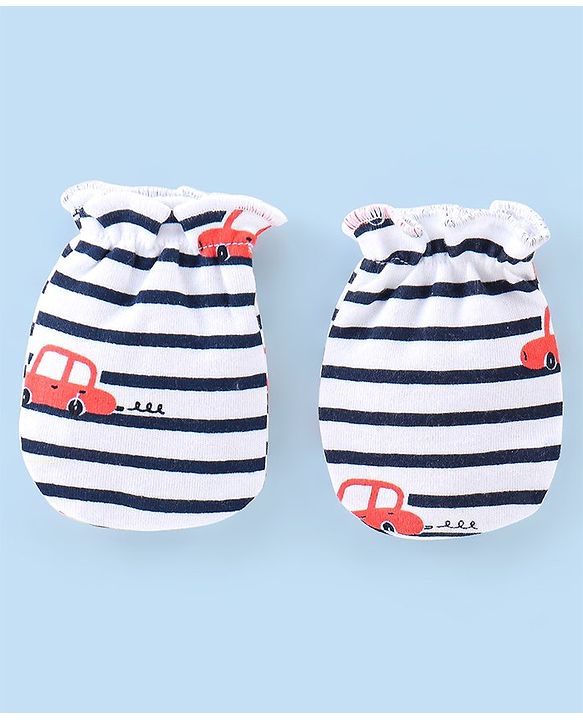 Babyhug 100% Cotton Interlock Knit Cap Mittens And Booties Stripes & Car Print - Navy Blue