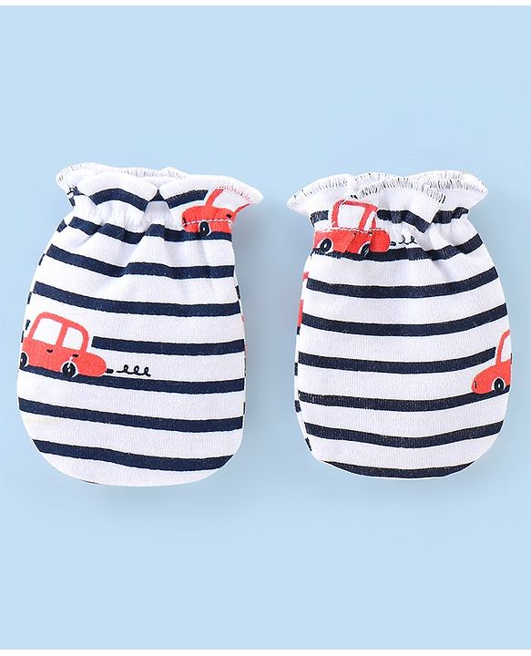 Babyhug 100% Cotton Interlock Knit Cap Mittens And Booties Stripes & Car Print - Navy Blue