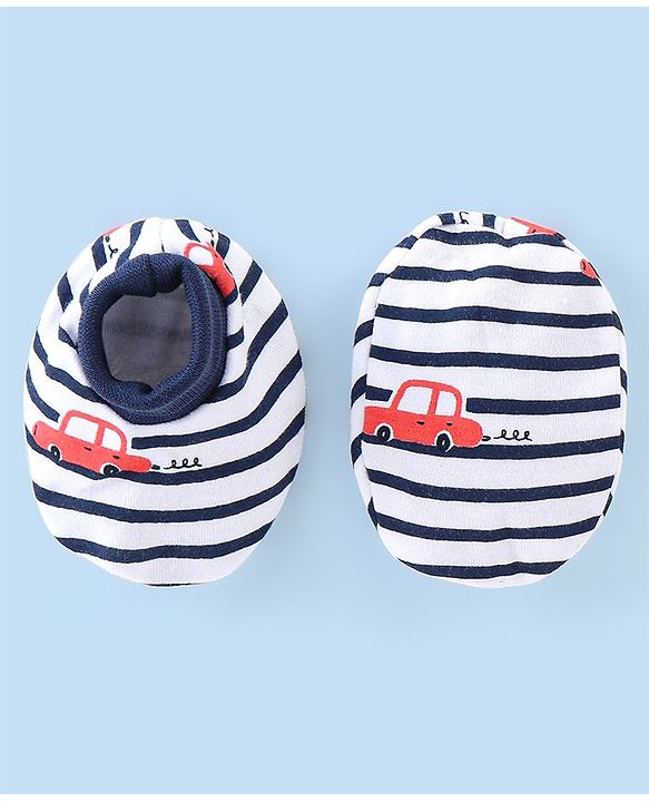 Babyhug 100% Cotton Interlock Knit Cap Mittens And Booties Stripes & Car Print - Navy Blue