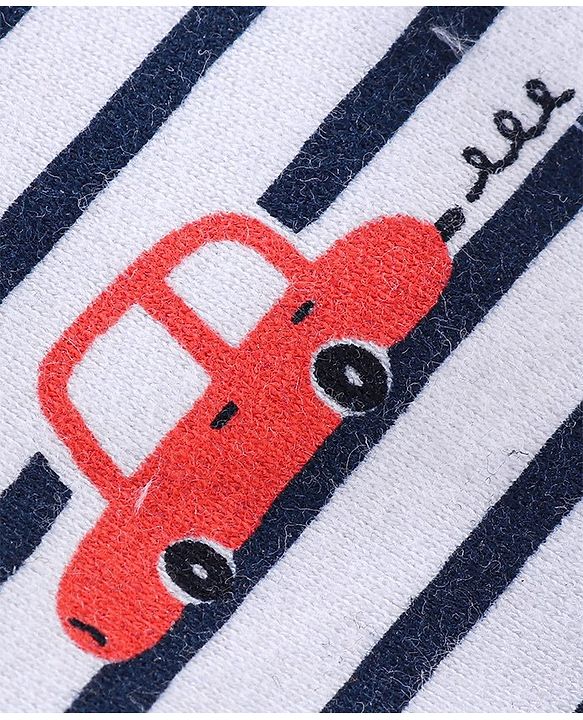 Babyhug 100% Cotton Interlock Knit Cap Mittens And Booties Stripes & Car Print - Navy Blue