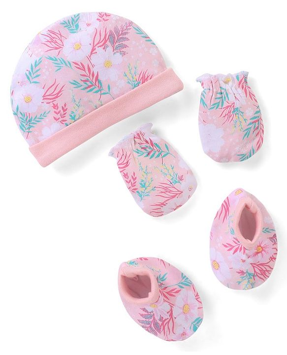 Babyhug 100% Cotton Knit Cap Mittens & Booties Floral Print - Pink