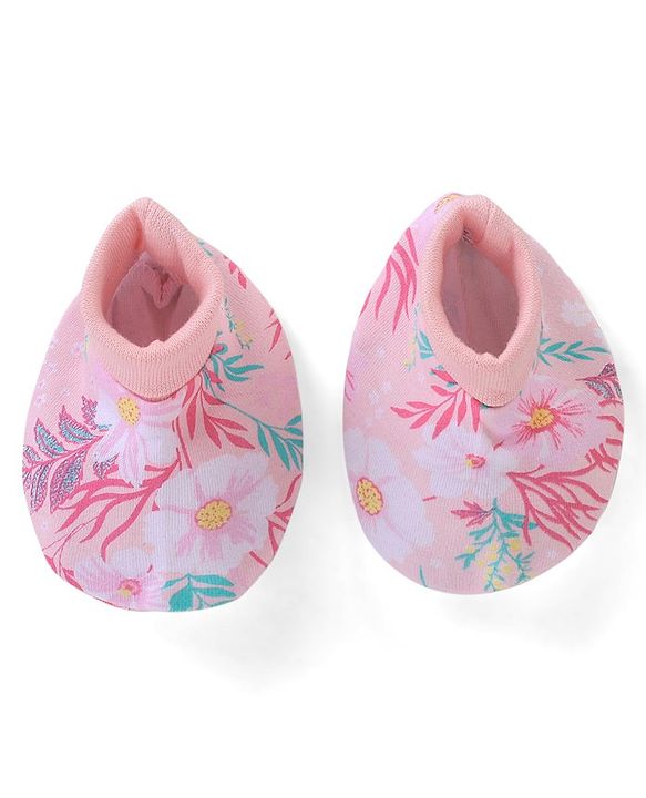 Babyhug 100% Cotton Knit Cap Mittens & Booties Floral Print - Pink