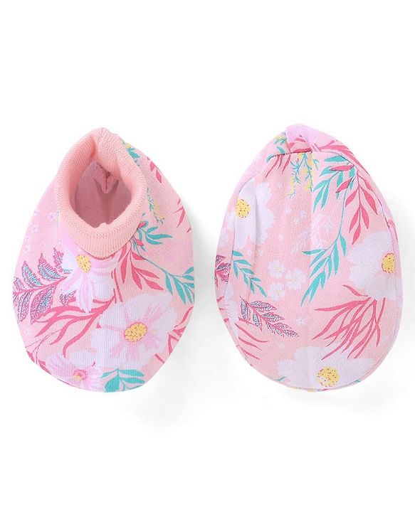 Babyhug 100% Cotton Knit Cap Mittens & Booties Floral Print - Pink