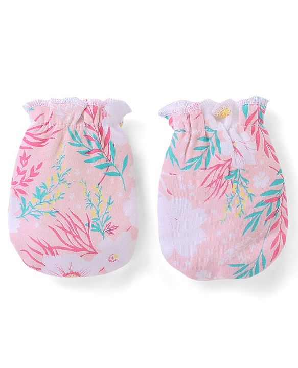 Babyhug 100% Cotton Knit Cap Mittens & Booties Floral Print - Pink