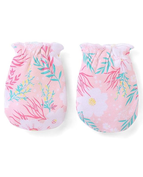 Babyhug 100% Cotton Knit Cap Mittens & Booties Floral Print - Pink