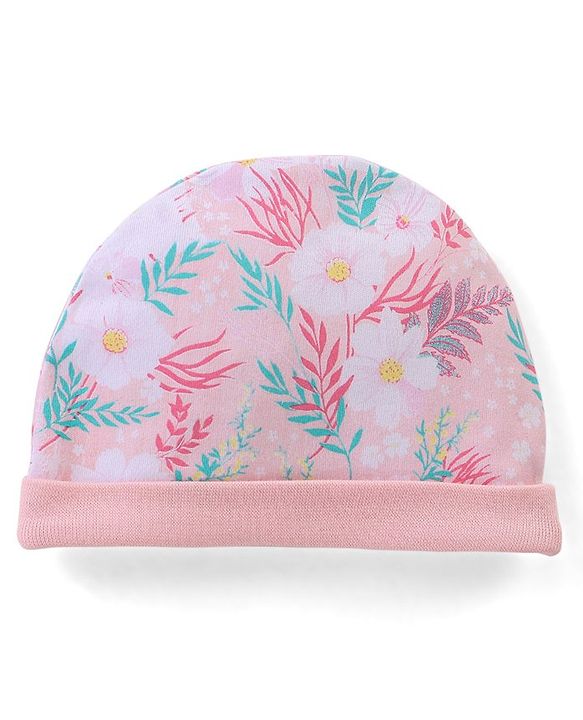 Babyhug 100% Cotton Knit Cap Mittens & Booties Floral Print - Pink