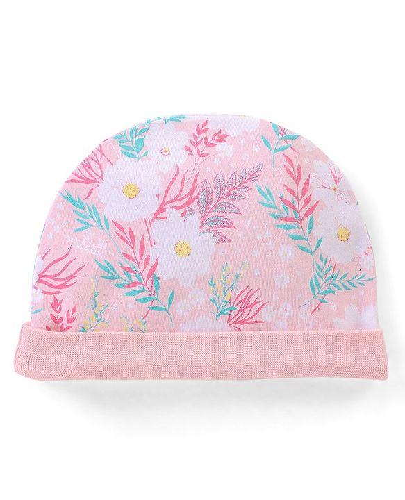 Babyhug 100% Cotton Knit Cap Mittens & Booties Floral Print - Pink