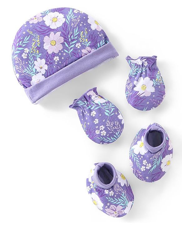 Babyhug 100% Cotton Interlock Knit Cap Mittens And Booties Floral Print - Purple