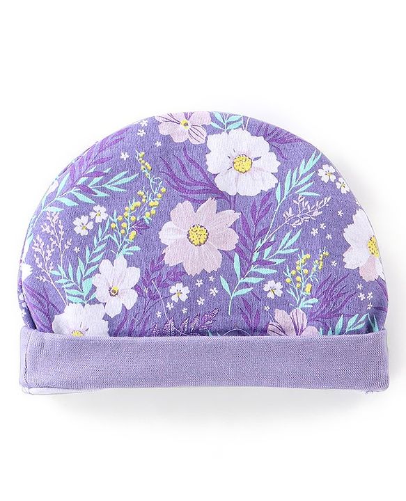 Babyhug 100% Cotton Interlock Knit Cap Mittens And Booties Floral Print - Purple