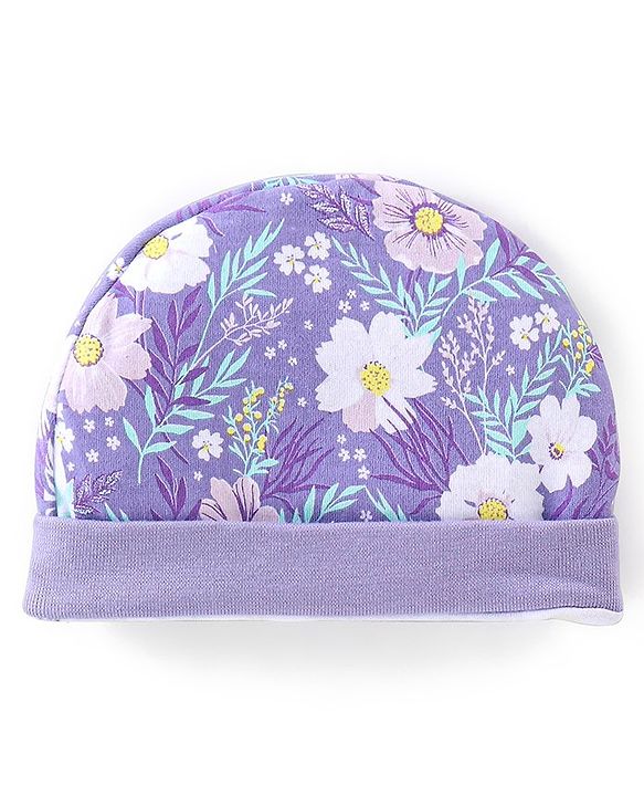 Babyhug 100% Cotton Interlock Knit Cap Mittens And Booties Floral Print - Purple