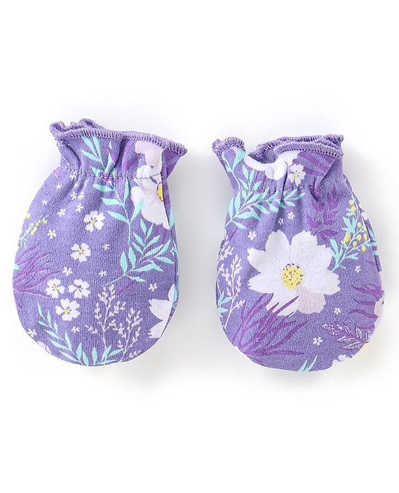 Babyhug 100% Cotton Interlock Knit Cap Mittens And Booties Floral Print - Purple