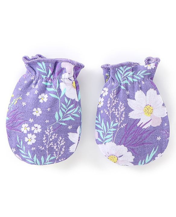 Babyhug 100% Cotton Interlock Knit Cap Mittens And Booties Floral Print - Purple