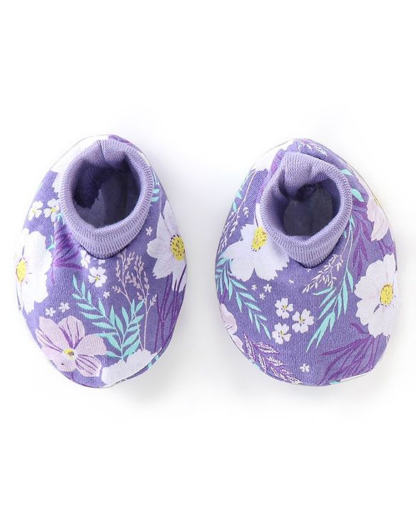Babyhug 100% Cotton Interlock Knit Cap Mittens And Booties Floral Print - Purple