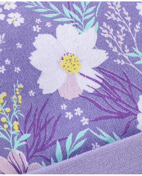 Babyhug 100% Cotton Interlock Knit Cap Mittens And Booties Floral Print - Purple