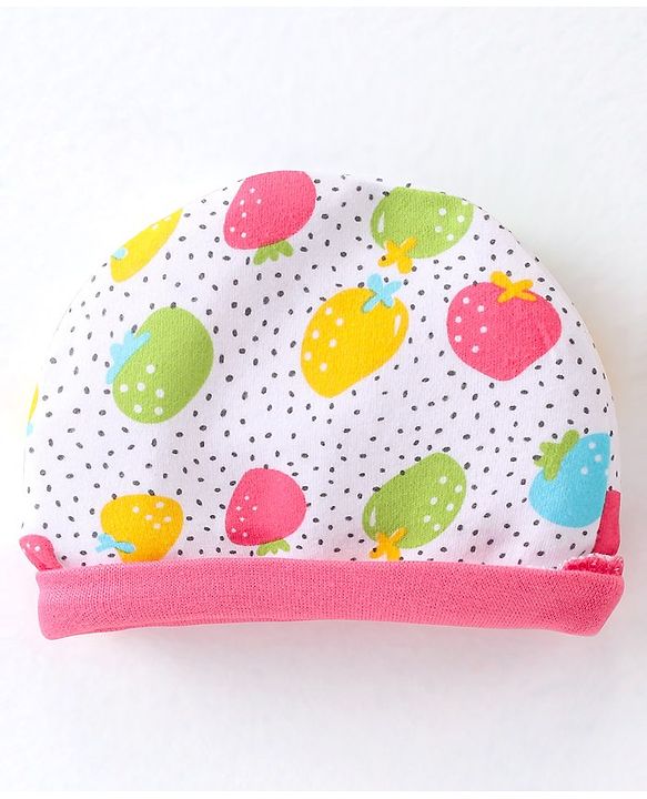 Babyhug 100% Cotton Interlock Knit Cap Mitten & Booties Strawberry Print - Pink & White