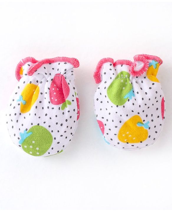Babyhug 100% Cotton Interlock Knit Cap Mitten & Booties Strawberry Print - Pink & White
