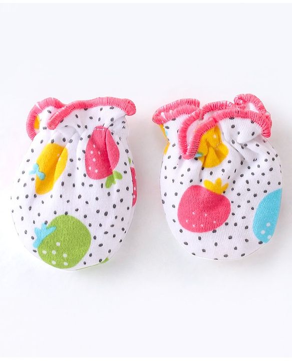 Babyhug 100% Cotton Interlock Knit Cap Mitten & Booties Strawberry Print - Pink & White