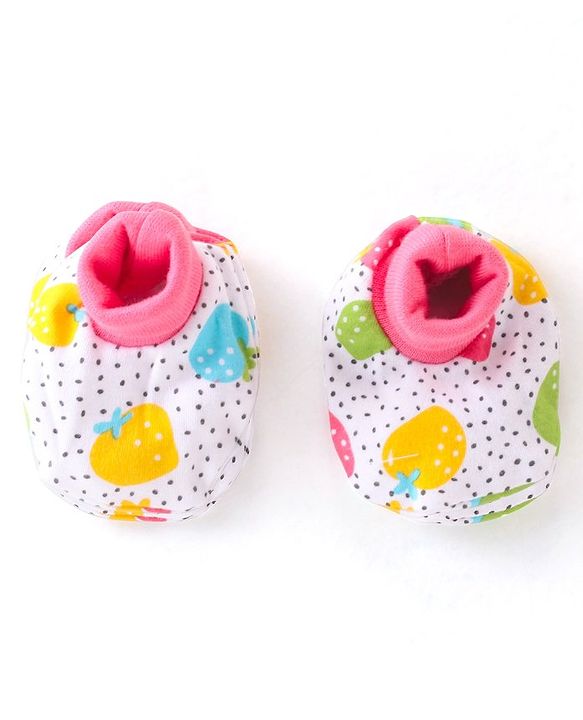 Babyhug 100% Cotton Interlock Knit Cap Mitten & Booties Strawberry Print - Pink & White