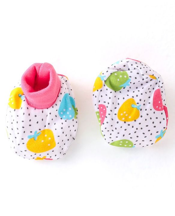 Babyhug 100% Cotton Interlock Knit Cap Mitten & Booties Strawberry Print - Pink & White