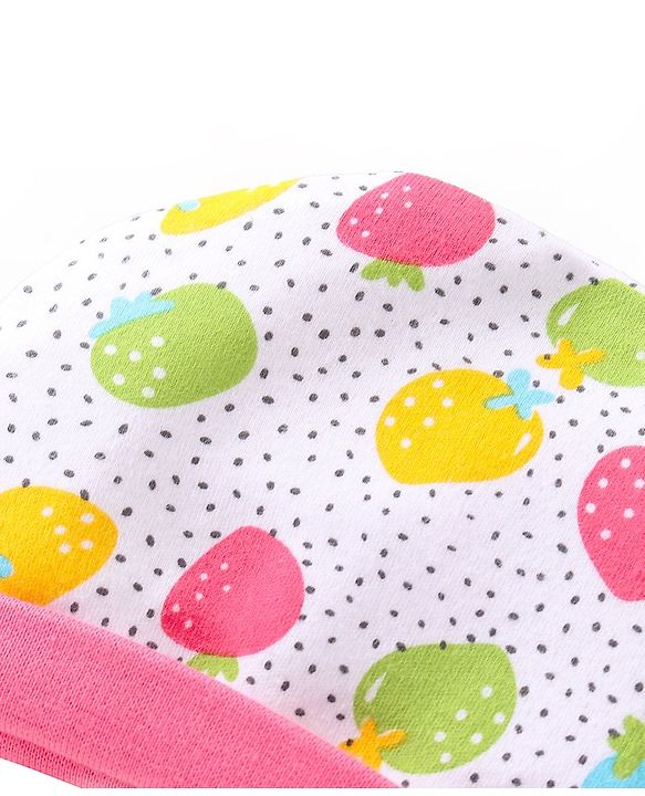 Babyhug 100% Cotton Interlock Knit Cap Mitten & Booties Strawberry Print - Pink & White