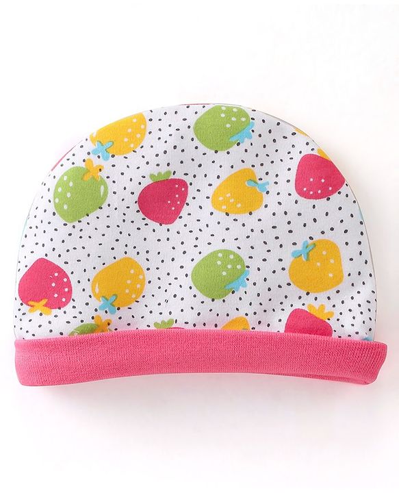 Babyhug 100% Cotton Interlock Knit Cap Mitten & Booties Strawberry Print - Pink & White